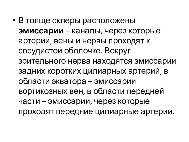 В толще склеры расположены эмиссарии – каналы, через которые артерии, вены и