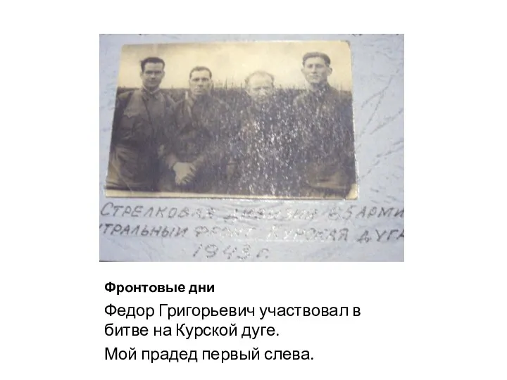 Фронтовые дни Федор Григорьевич участвовал в битве на Курской дуге. Мой прадед первый слева.