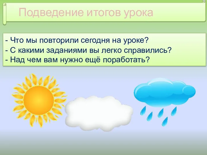 - Что мы повторили сегодня на уроке? - С какими заданиями вы