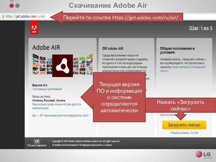 Скачивание Adobe Air Перейти по ссылке https://get.adobe.com/ru/air/ Текущая версия ПО и информация
