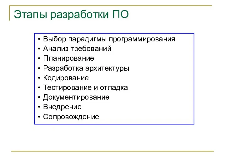 Выбор парадигмы программирования Анализ требований Планирование Разработка архитектуры Кодирование Тестирование и отладка