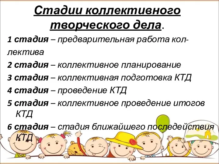 Стадии коллективного творческого дела. 1 стадия – предварительная работа кол- лектива 2