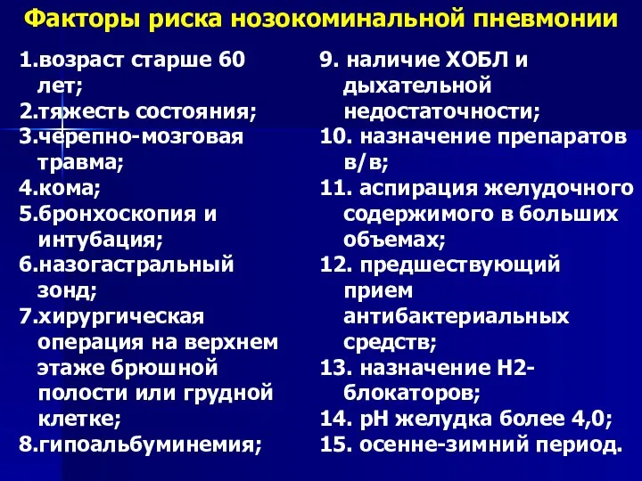 Факторы риска нозокоминальной пневмонии 1.возраст старше 60 лет; 2.тяжесть состояния; 3.черепно-мозговая травма;