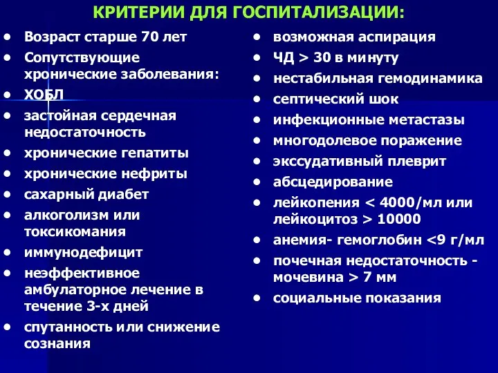 КРИТЕРИИ ДЛЯ ГОСПИТАЛИЗАЦИИ: Возраст старше 70 лет Сопутствующие хронические заболевания: ХОБЛ застойная