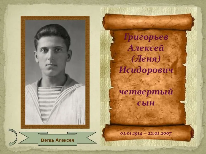 Григорьев Алексей (Леня) Исидорович четвертый сын 01.01.1914 -- 22.01.2007 Ветвь Алексея