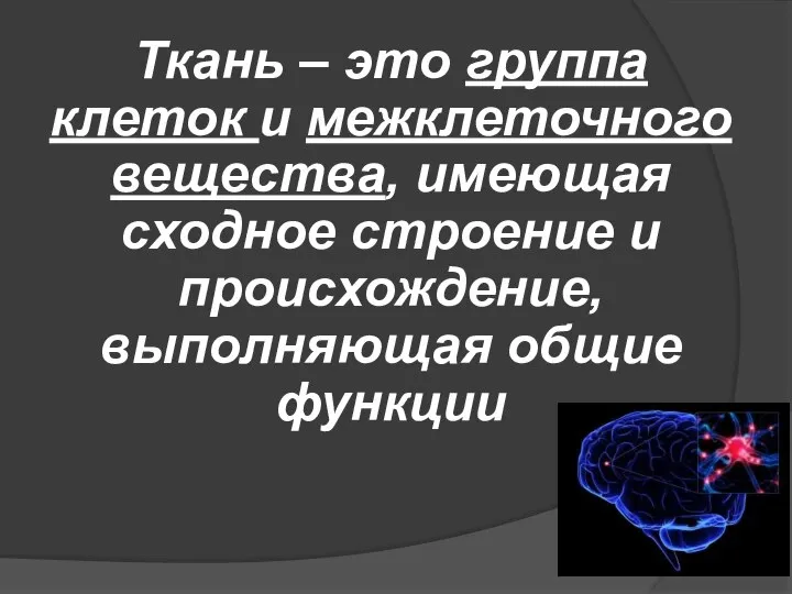 Ткань – это группа клеток и межклеточного вещества, имеющая сходное строение и происхождение, выполняющая общие функции