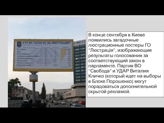 В конце сентября в Киеве появились загадочные люстрационные постеры ГО "Люстрація", изображающие