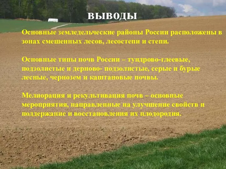 выводы Основные земледельческие районы России расположены в зонах смешенных лесов, лесостепи и