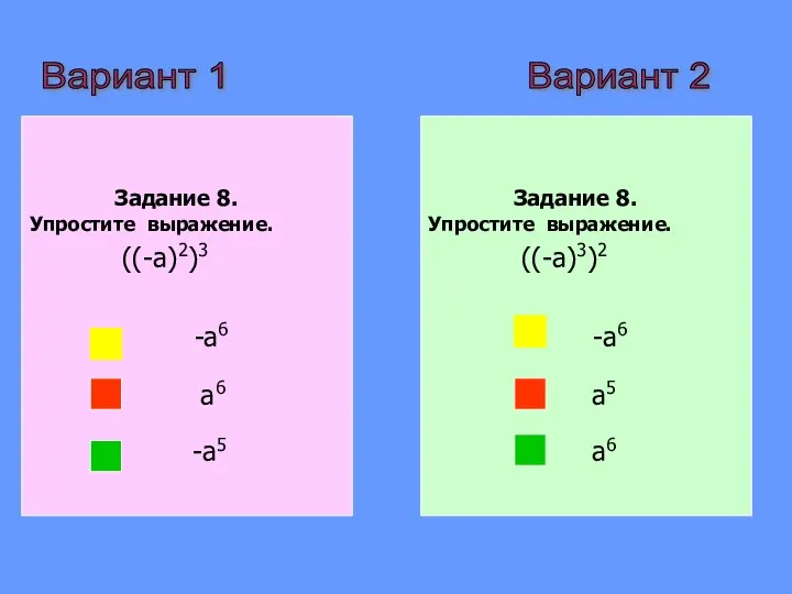 Вариант 2 Вариант 1 Задание 8. Упростите выражение. ((-a)2)3 -a6 a6 -a5