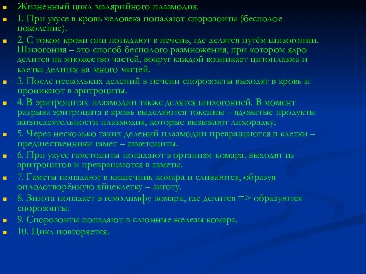 Жизненный цикл малярийного плазмодия. 1. При укусе в кровь человека попадают спорозоиты