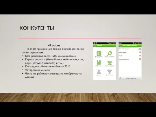 КОНКУРЕНТЫ 4Recipes В этом приложение так же реализован поиск по ингредиентам. База