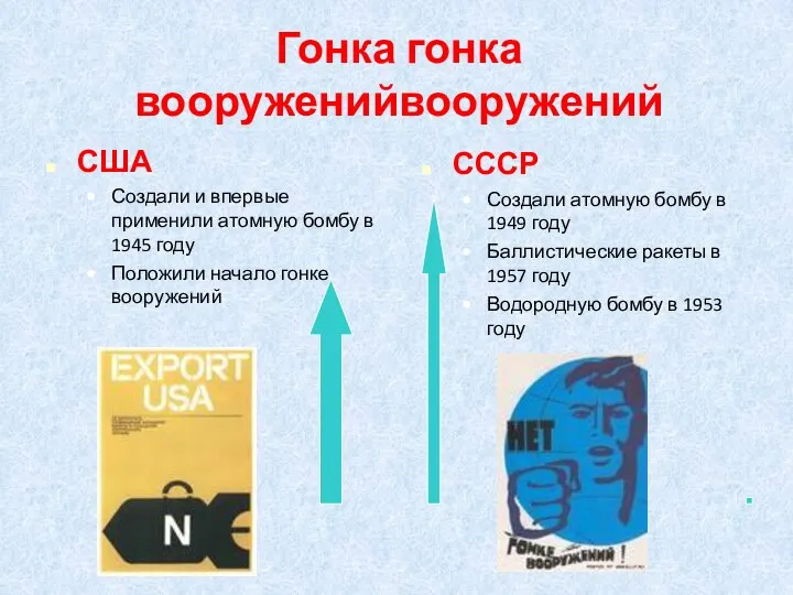 Гонка гонка вооруженийвооружений США Создали и впервые применили атомную бомбу в 1945