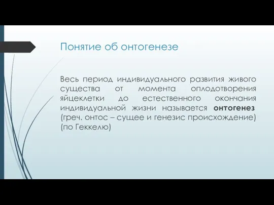 Понятие об онтогенезе Весь период индивидуального развития живого существа от момента оплодотворения