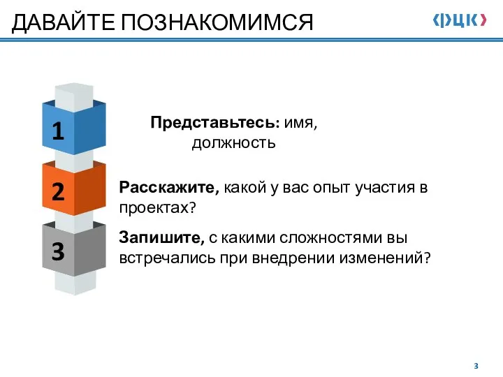 ДАВАЙТЕ ПОЗНАКОМИМСЯ 1 2 3 Представьтесь: имя, должность Расскажите, какой у вас