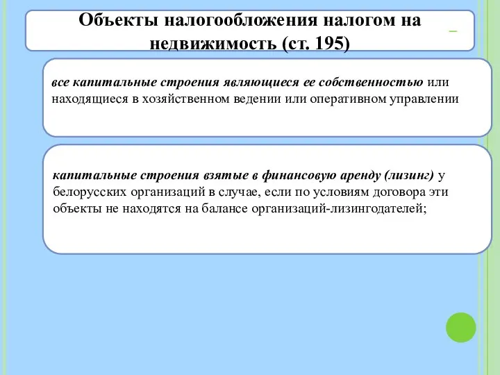 Объекты налогообложения налогом на недвижимость (ст. 195) все капитальные строения являющиеся ее