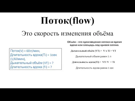 Поток(flow) Это скорость изменения объёма Поток(V) = 60л/мин, Длительность вдоха(Тi) = 1сек(1/60мин),