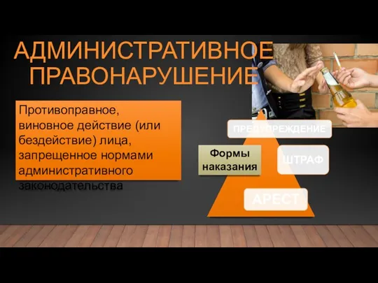 АДМИНИСТРАТИВНОЕ ПРАВОНАРУШЕНИЕ Противоправное, виновное действие (или бездействие) лица, запрещенное нормами административного законодательства Формы наказания