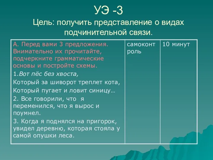 УЭ -3 Цель: получить представление о видах подчинительной связи.