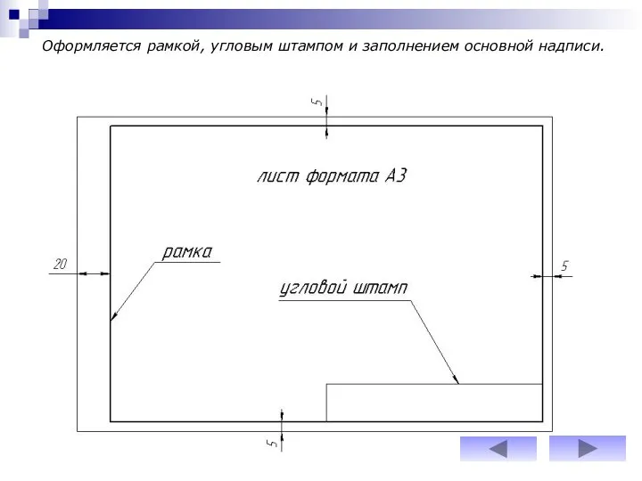 Оформляется рамкой, угловым штампом и заполнением основной надписи.