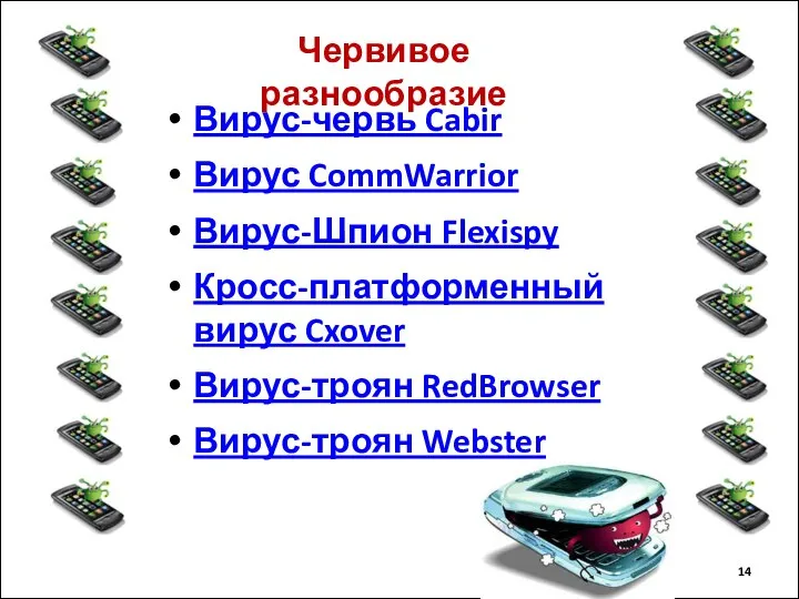 Вирус-червь Cabir Вирус CommWarrior Вирус-Шпион Flexispy Кросс-платформенный вирус Cxover Вирус-троян RedBrowser Вирус-троян Webster Червивое разнообразие