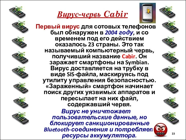 Вирус-червь Cabir Первый вирус для сотовых телефонов был обнаружен в 2004 году,