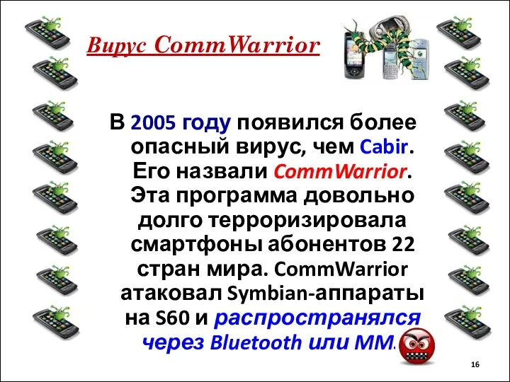 Вирус CommWarrior В 2005 году появился более опасный вирус, чем Cabir. Его