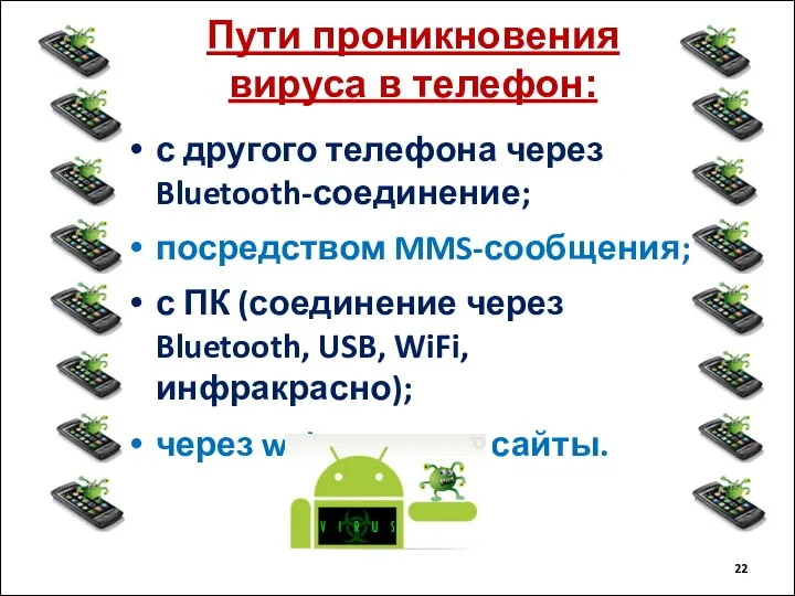 Пути проникновения вируса в телефон: с другого телефона через Bluetooth-соединение; посредством MMS-сообщения;