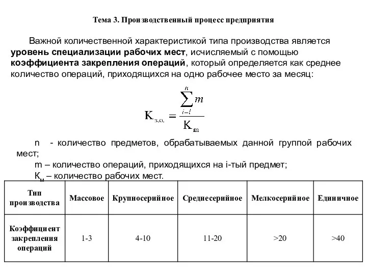 Тема 3. Производственный процесс предприятия Важной количественной характеристикой типа производства является уровень