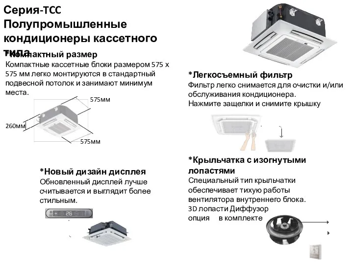 Серия-TCC Полупромышленные кондиционеры кассетного типа *Компактный размер Компактные кассетные блоки размером 575