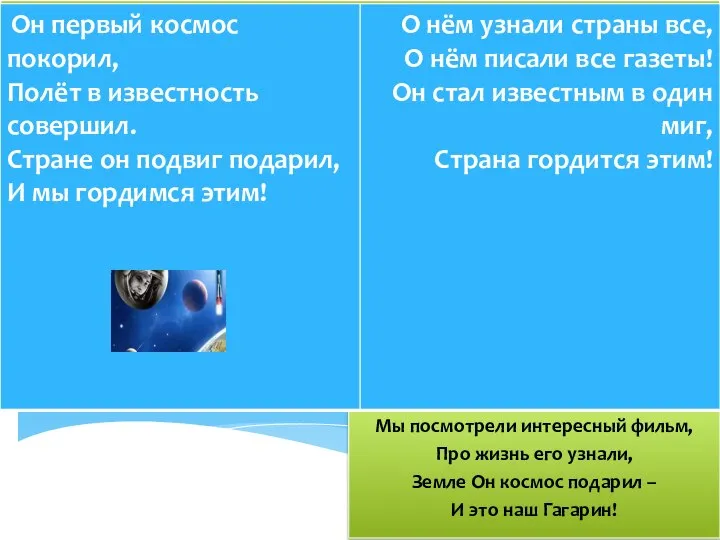 Мы посмотрели интересный фильм, Про жизнь его узнали, Земле Он космос подарил