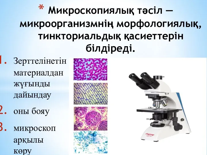 Зерттелінетін материалдан жүғынды дайындау оны бояу микроскоп арқылы көру Микроскопиялық тәсіл —