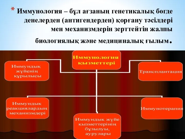 Иммунология – бұл ағзаның генетикалық бөгде денелерден (антигендерден) қорғану тәсілдері мен механизмдерін