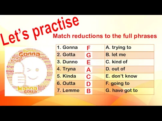 Let’s practise Match reductions to the full phrases F G E A C D B