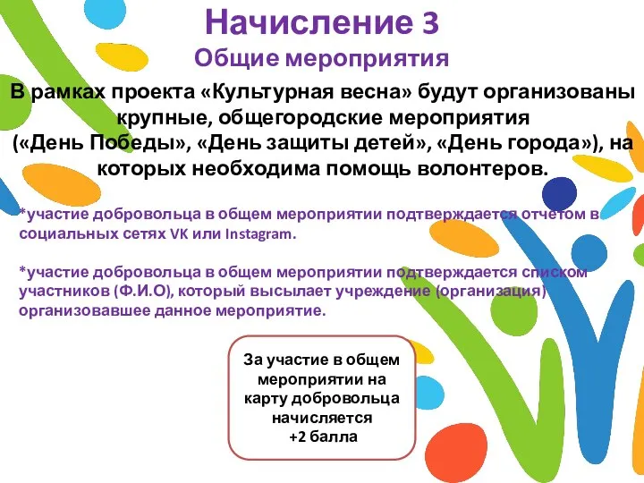 Начисление 3 Общие мероприятия За участие в общем мероприятии на карту добровольца