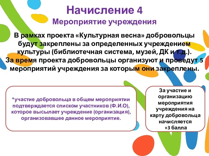 Начисление 4 Мероприятие учреждения В рамках проекта «Культурная весна» добровольцы будут закреплены