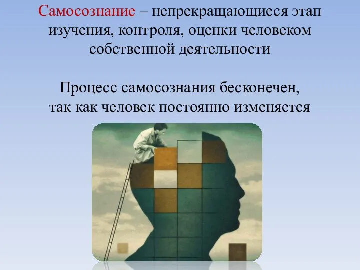 Самосознание – непрекращающиеся этап изучения, контроля, оценки человеком собственной деятельности Процесс самосознания