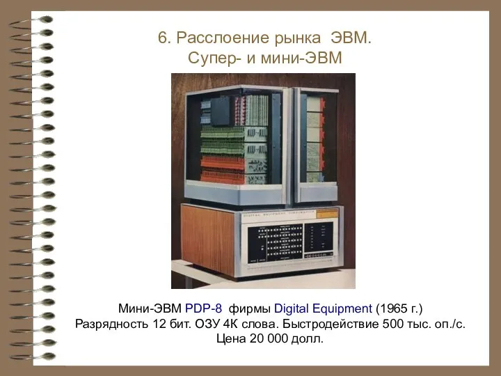 Мини-ЭВМ PDP-8 фирмы Digital Equipment (1965 г.) Разрядность 12 бит. ОЗУ 4К