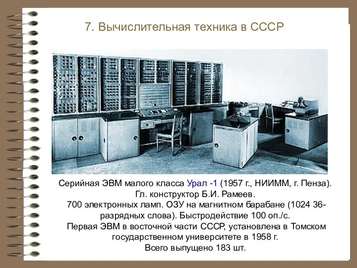 Серийная ЭВМ малого класса Урал -1 (1957 г., НИИММ, г. Пенза). Гл.