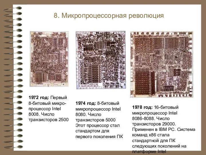 1972 год: Первый 8-битовый микро-процессор Intel 8008. Число транзисторов 2500 8. Микропроцессорная