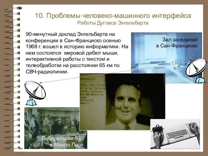 10. Проблемы человеко-машинного интерфейса Работы Дугласа Энгельбарта Зал заседаний в Сан-Франциско 90-минутный