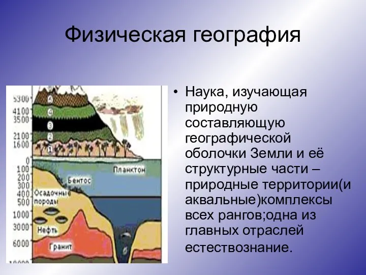 Физическая география Наука, изучающая природную составляющую географической оболочки Земли и её структурные