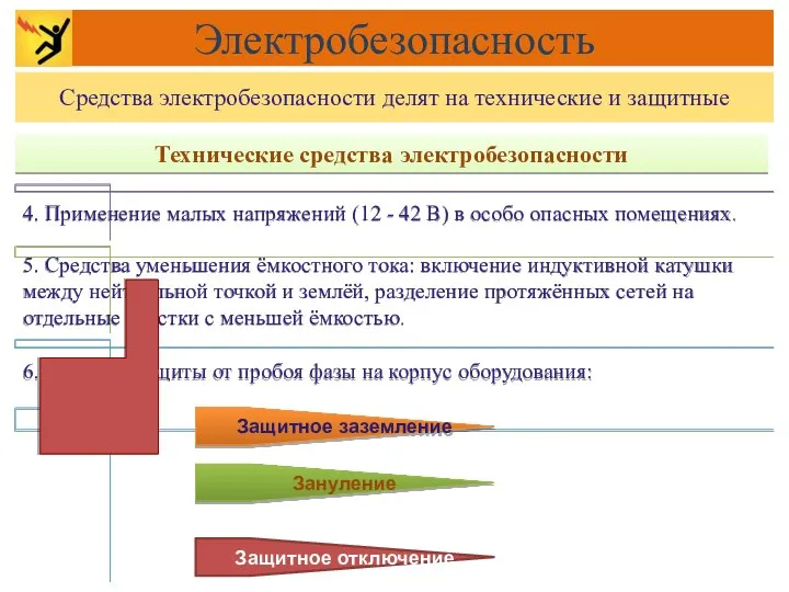 4. Применение малых напряжений (12 - 42 В) в особо опасных помещениях.