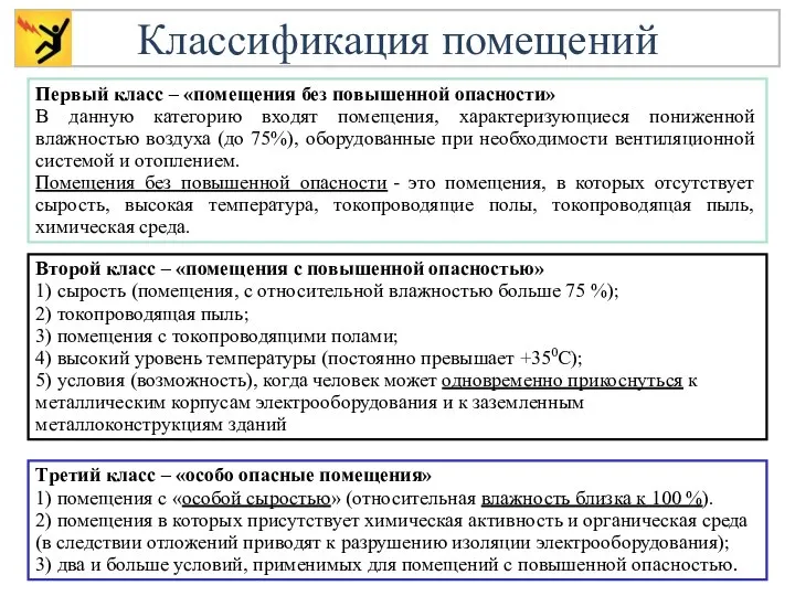 Классификация помещений Первый класс – «помещения без повышенной опасности» В данную категорию