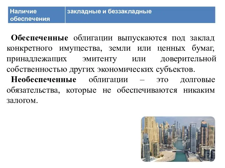 Обеспеченные облигации выпускаются под заклад конкретного имущества, земли или ценных бумаг, принадлежащих