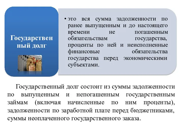 Государственный долг состоит из суммы задолженности по выпущенным и непогашенным государственным займам