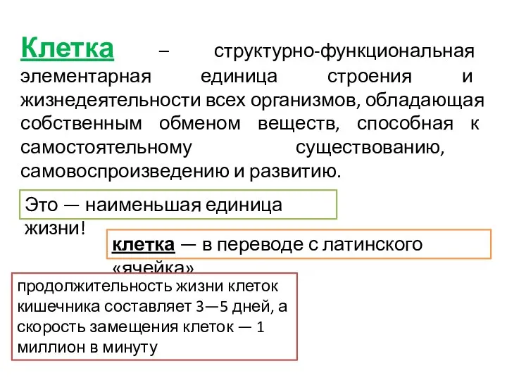 Клетка – структурно-функциональная элементарная единица строения и жизнедеятельности всех организмов, обладающая собственным