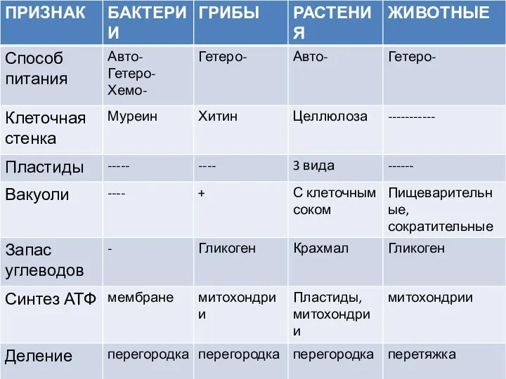 Сводная таблица. «Особенности организации живых клеток»