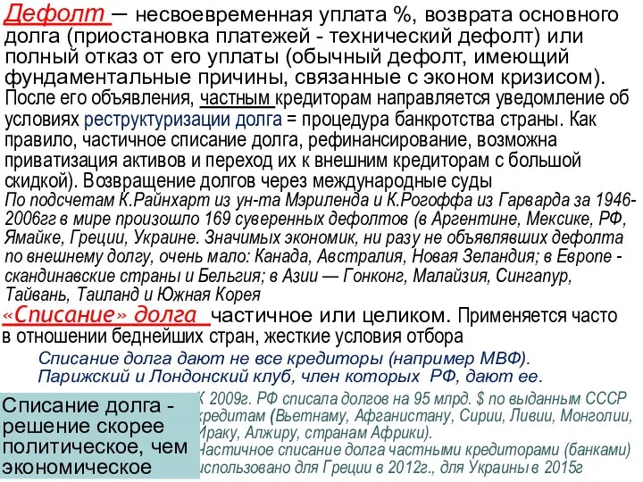 Дефолт – несвоевременная уплата %, возврата основного долга (приостановка платежей - технический