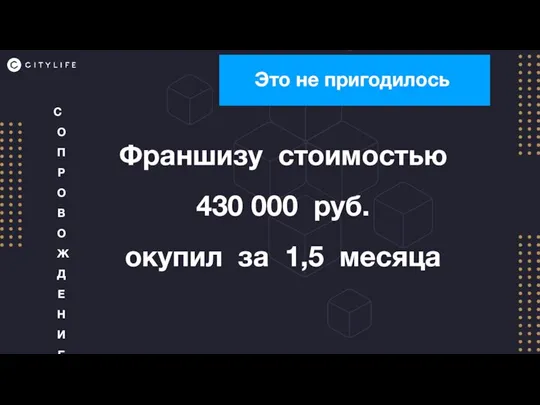 Это не пригодилось СОПРОВОЖДЕНИЕ Франшизу стоимостью 430 000 руб. окупил за 1,5 месяца