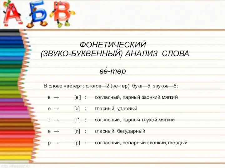 ФОНЕТИЧЕСКИЙ (ЗВУКО-БУКВЕННЫЙ) АНАЛИЗ СЛОВА ве́-тер В слове «ве́тер»: слогов—2 (ве-тер), букв—5, звуков—5: